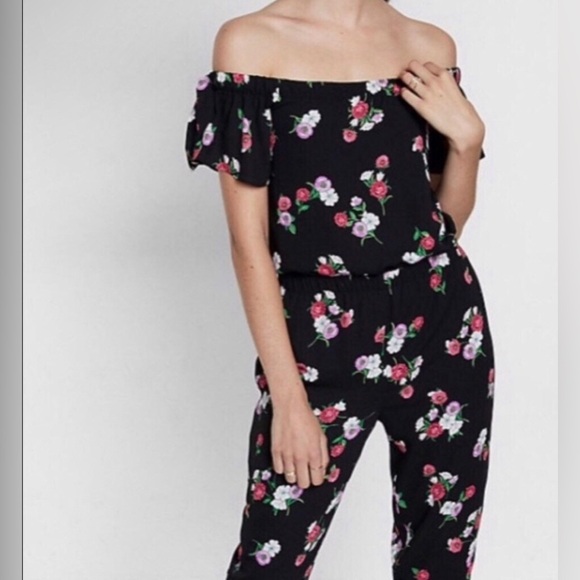 Express Pants - Express off the shoulder black floral lined jumpsuit elastic waist NEW